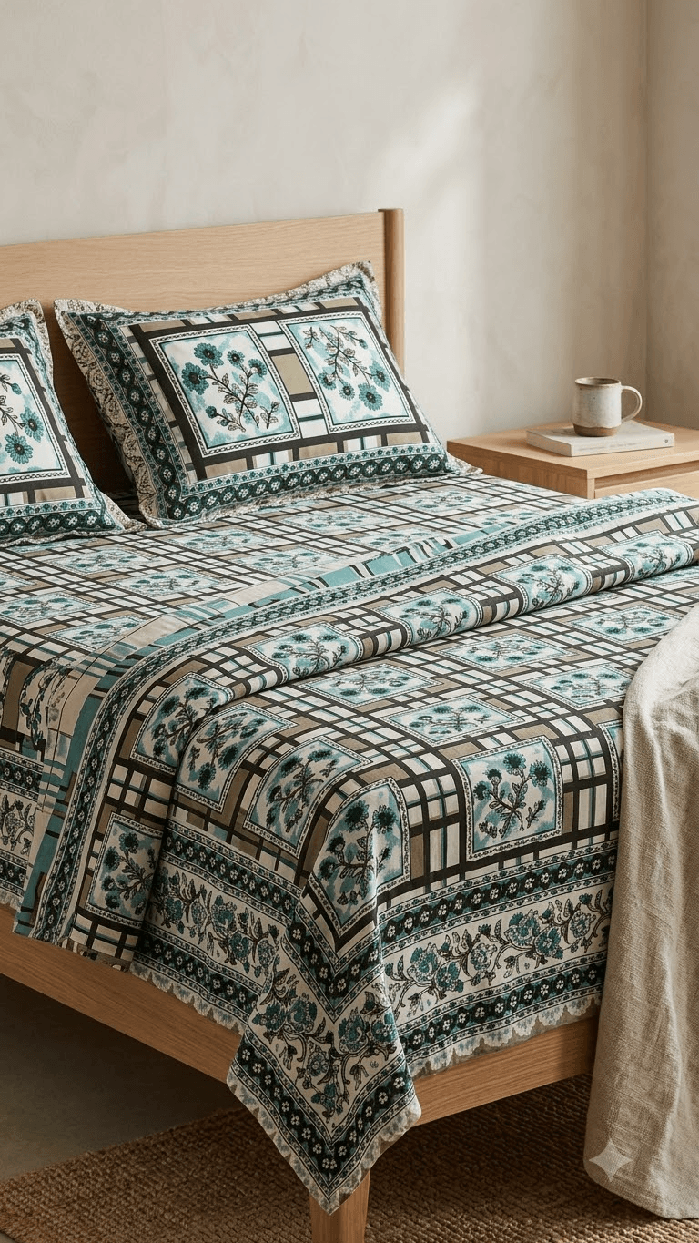 Teal and Beige Geometric Floral Block-Print Style Cotton Double Bedsheet with Lace Pillow Covers
