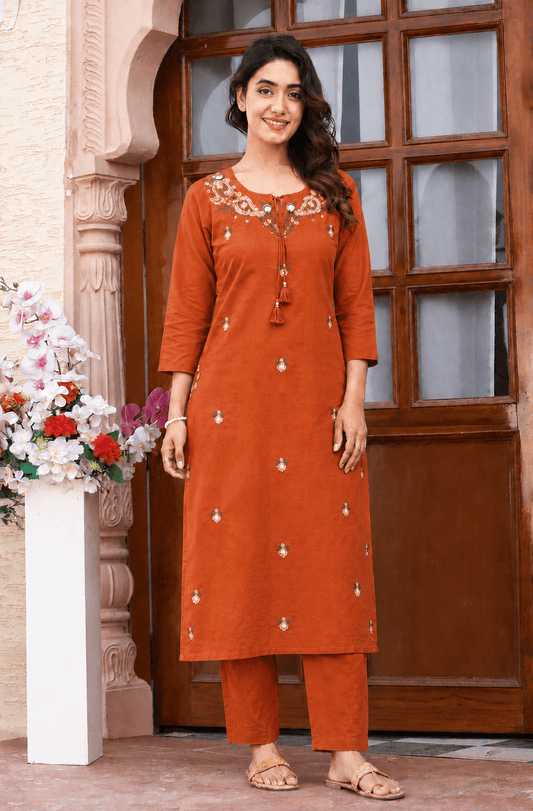 Women's Rust Orange Pure Cotton Embroidered Kurta Pant Set – 3-Piece Traditional Ethnic Straight Suit Set with Mirror Work