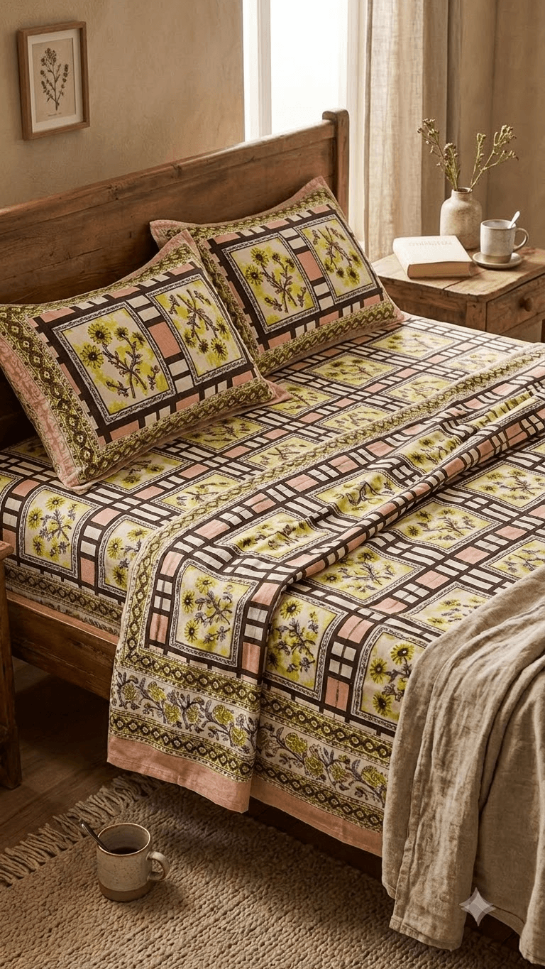 Olive Green and Pink Geometric Check Block-Print Style Cotton Double Bedsheet with Pillow Covers