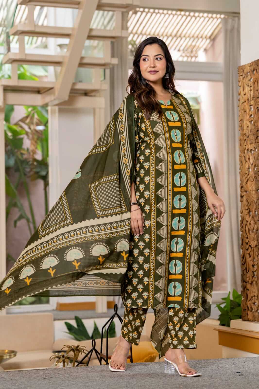 Olive Green Block Printed Cotton Kurta Set with Straight Pants & Matching Dupatta