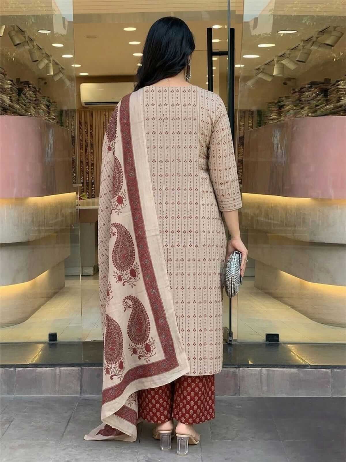 Beige & Maroon Paisley Block Printed Cotton Kurta Set with Palazzo & Dupatta