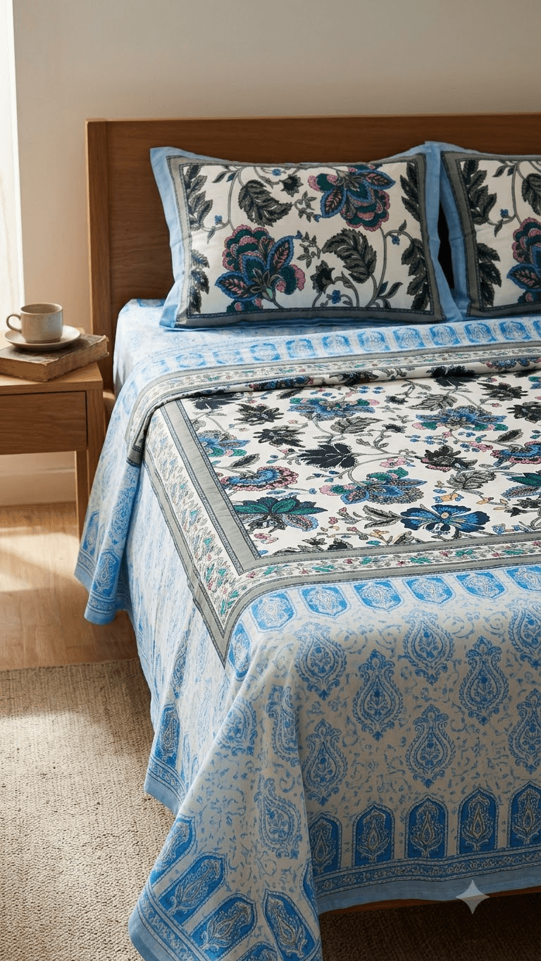 Blue and Off-White Floral Block-Print Style Cotton Double Bedsheet with Pillow Covers