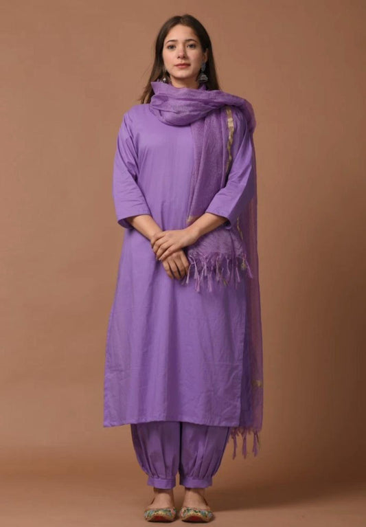 Women's Lavender Pure Cotton Straight Kurta Afghani Salwar Set with Dupatta – 3-Piece Lilac Minimalist Solid Suit Set with Kota Doria Border