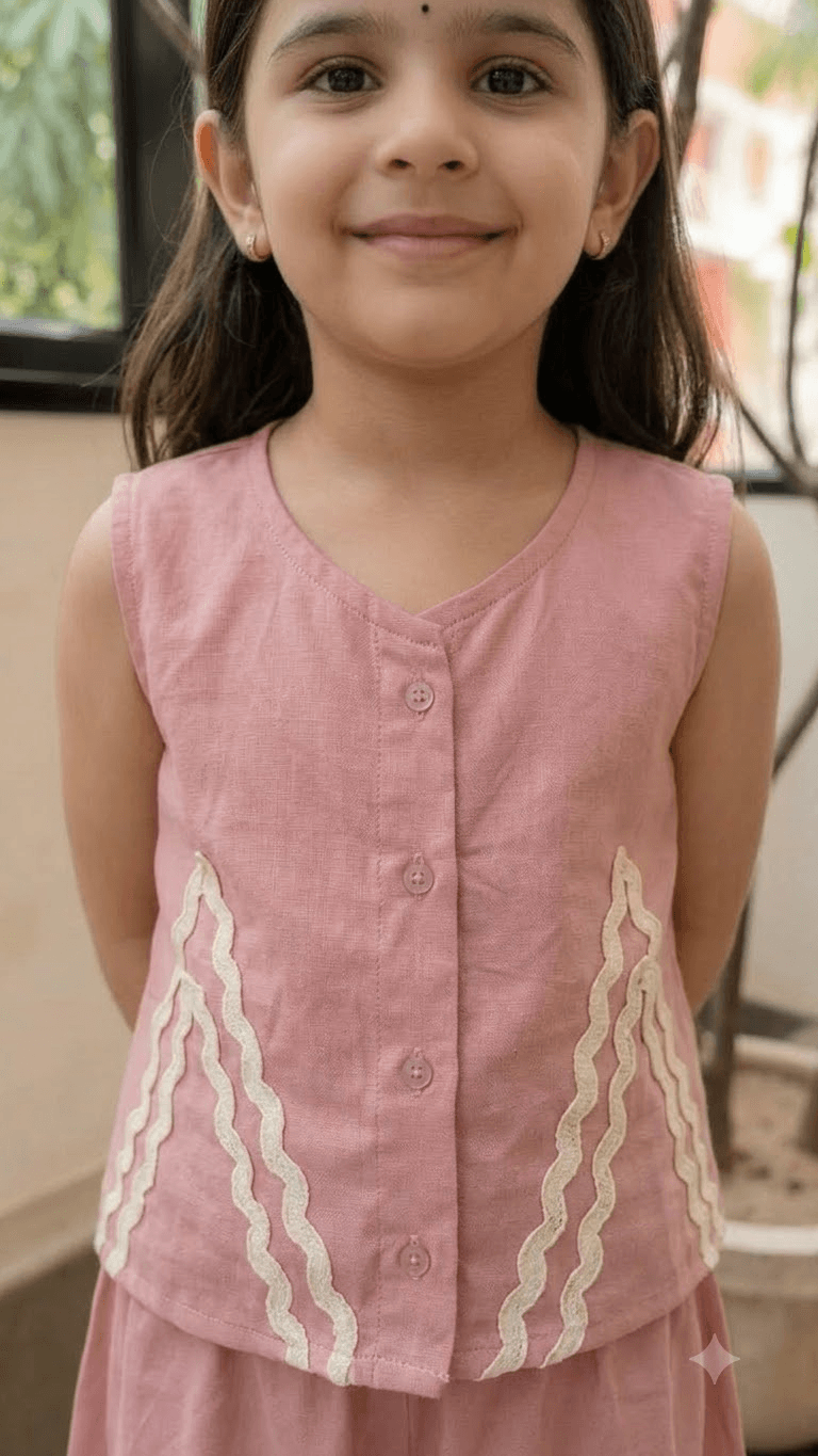 Girls Dusty Rose Pink Cotton Vest Top & Wide-Leg Pants Co-Ord Set with Lace Work
