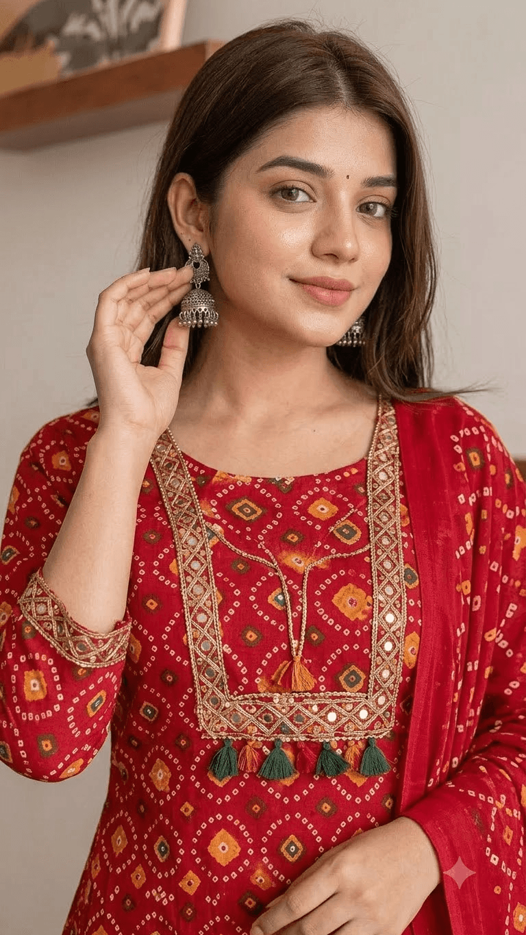 Red Bandhani-Print Cotton Kurta with Sharara and Dupatta Set