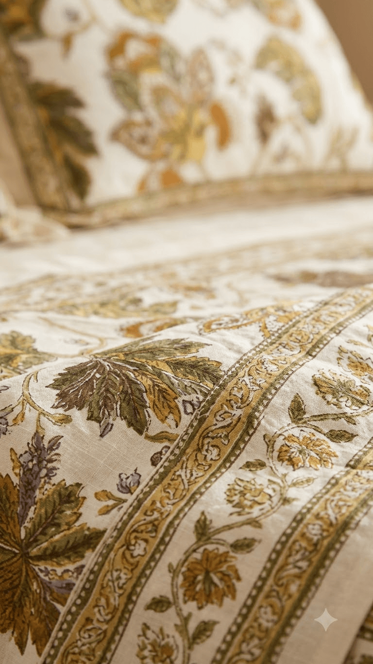Mustard and Olive Floral Block-Print Style Cotton Double Bedsheet with Pillow Covers