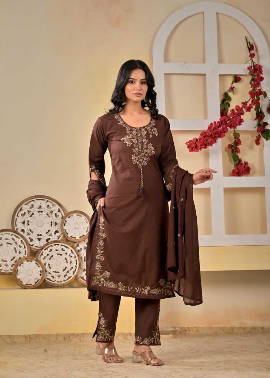 Chocolate Brown Floral Embroidered Straight Kurta Set with Pants & Dupatta
