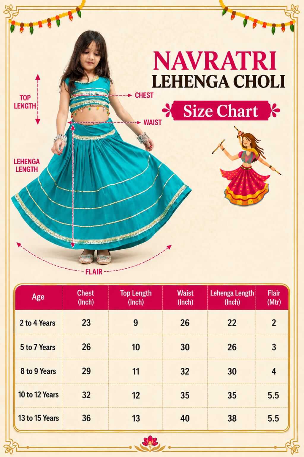 Girls Navratri Special Teal Blue Cotton Lehenga Choli Set with Coin Fringe & Kamarbelt