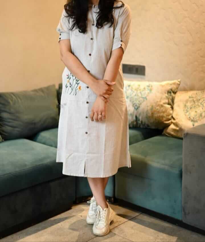 Women's Off-White Khadi Cotton Embroidered A-Line Kurti Dress – Handloom Button-Down Knee Length Indo-Western Midi Dress with Pocket