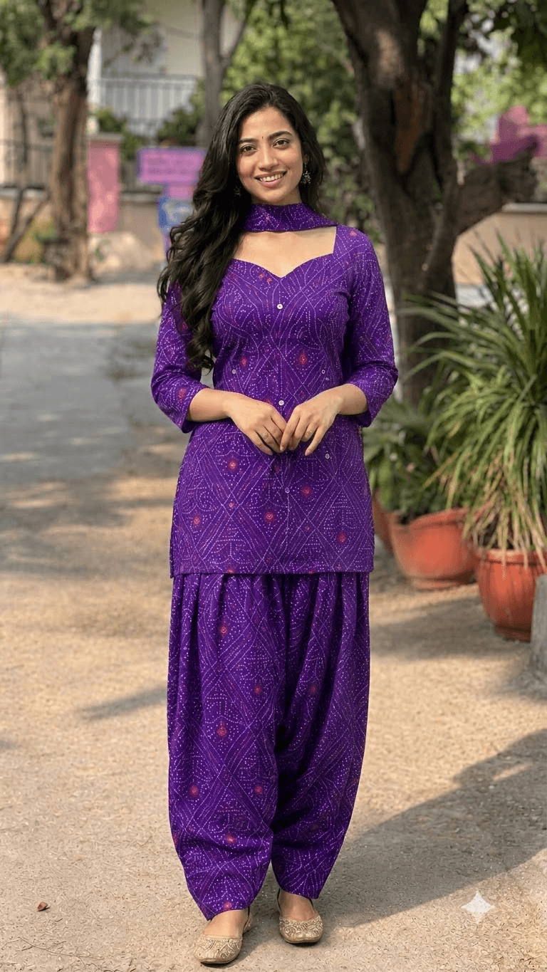 Women Purple Bandhani Printed Cotton Patiyala Salwar Suit Set with Dupatta