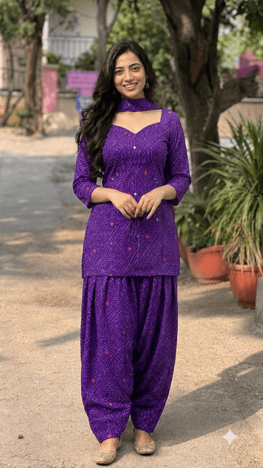 Women Purple Bandhani Printed Cotton Patiyala Salwar Suit Set with Dupatta