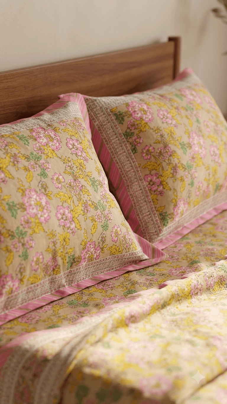 Pink and Yellow Floral Block-Print Style Cotton Double Bedsheet with Pillow Covers