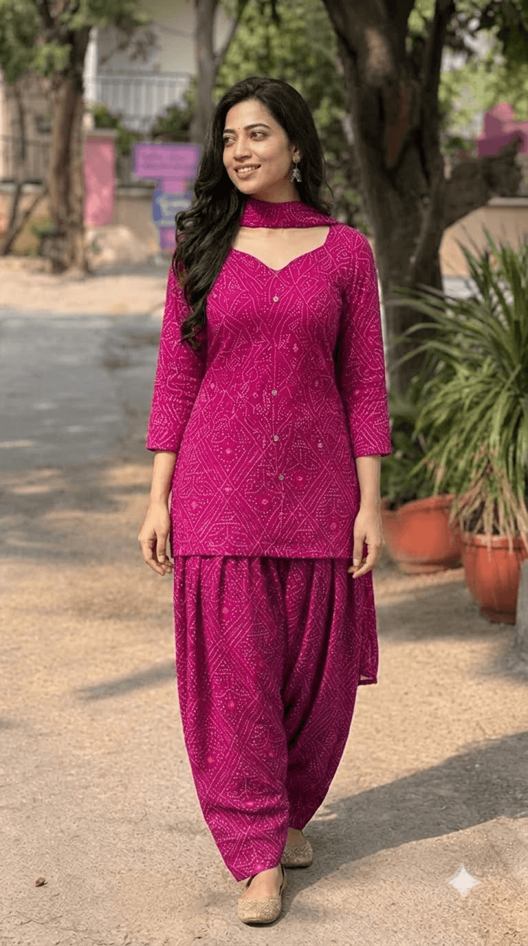 Women Magenta Bandhani Printed Cotton Patiyala Salwar Suit Set with Dupatta