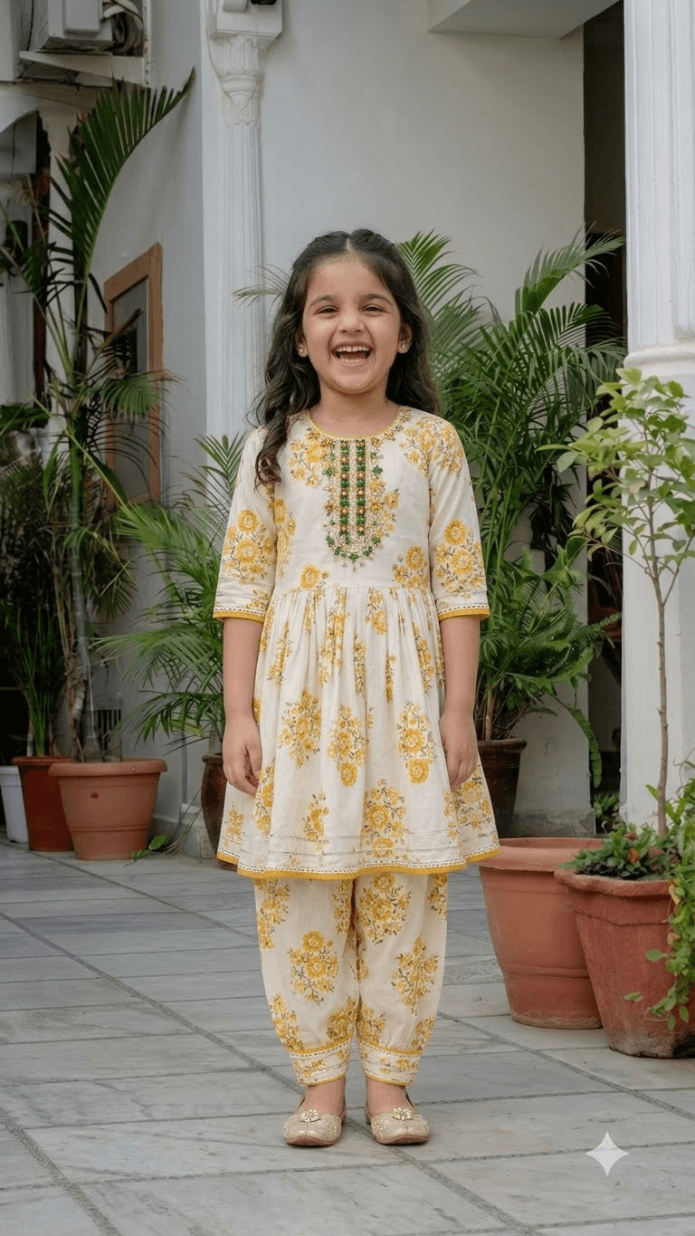Girls Off-White & Yellow Floral Block Printed Cotton Kurta with Dhoti Pant Set