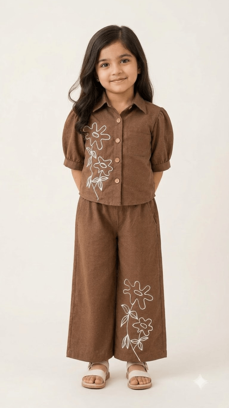 Girls Chestnut Brown Linen Cotton Floral Embroidered Shirt with Wide-Leg Pants Co-Ord Set