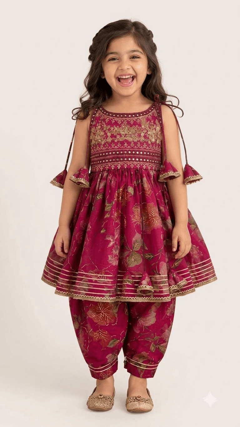 Girls Magenta Pink Floral Printed Peplum Kurta with Dhoti Pant Set