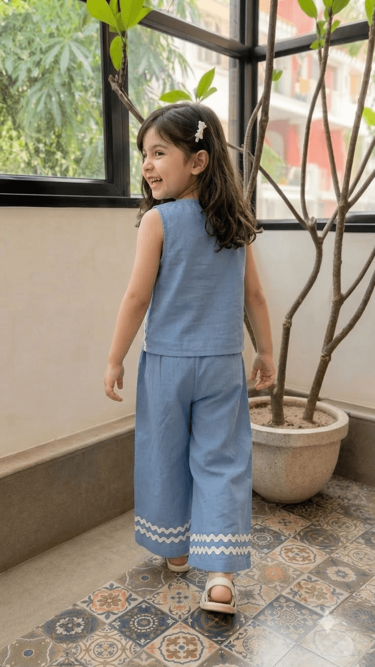 Girls Slate Blue Cotton Vest Top & Wide-Leg Pants Co-Ord Set with Lace Work