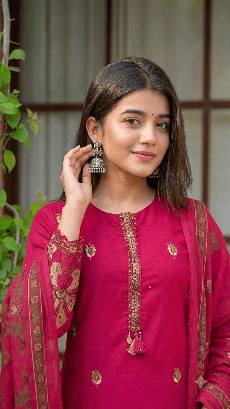 Rani Pink Embroidered Cotton Kurta with Palazzo and Dupatta Set