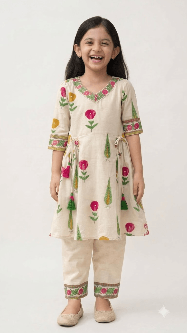 Girls Off-White & Pink Hand Block Printed Cotton Angrakha Kurta with Pant Set
