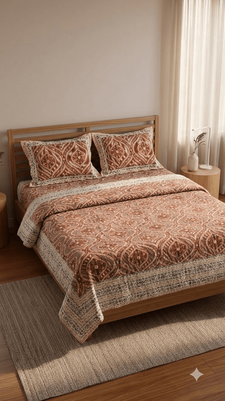Rust Orange and Terracotta Block-Print Style Cotton Double Bedsheet with Pillow Covers