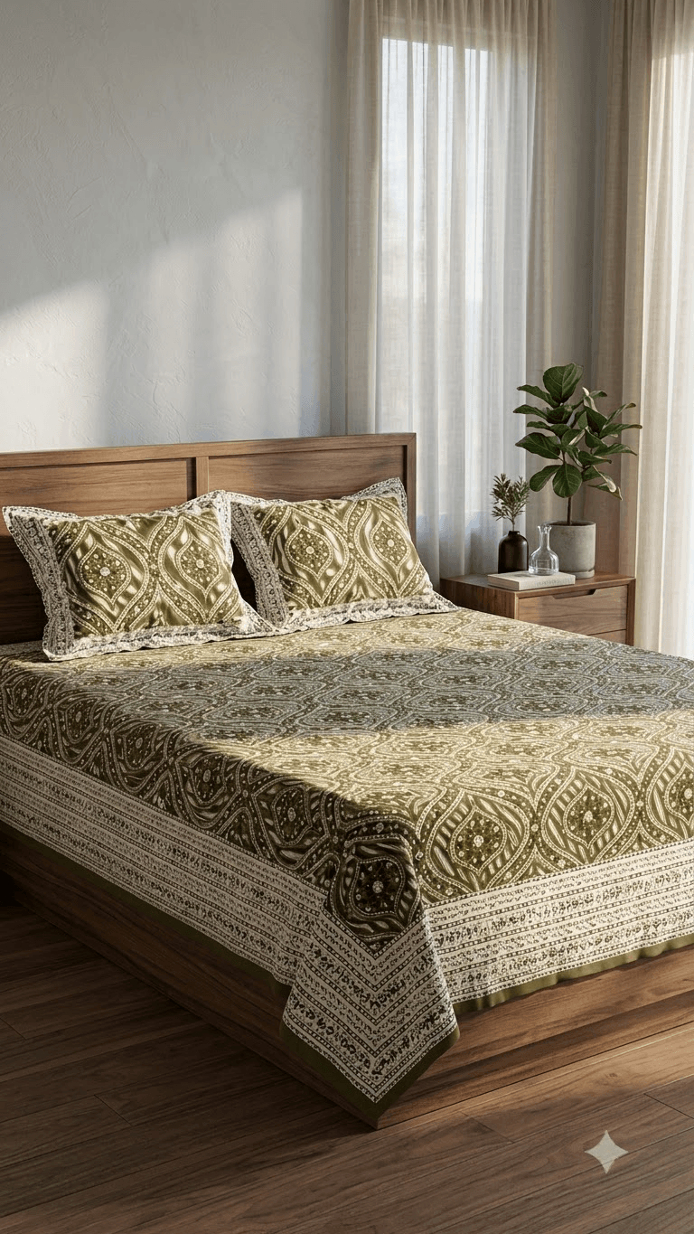 Olive Green and Gold Block-Print Style Cotton Double Bedsheet with Pillow Covers