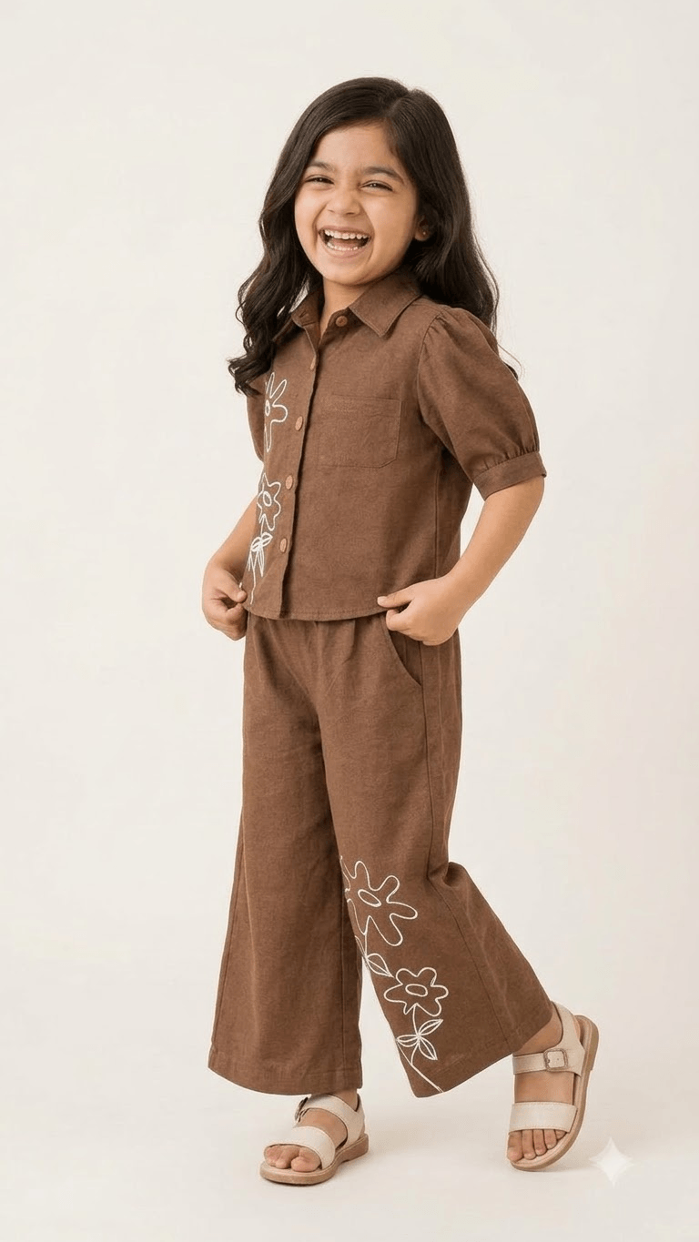 Girls Chestnut Brown Linen Cotton Floral Embroidered Shirt with Wide-Leg Pants Co-Ord Set