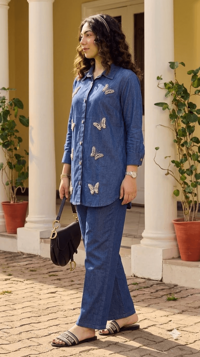 Blue Butterfly-Embroidered Denim Tunic Shirt with Wide-Leg Trouser Set   - satrangihouse