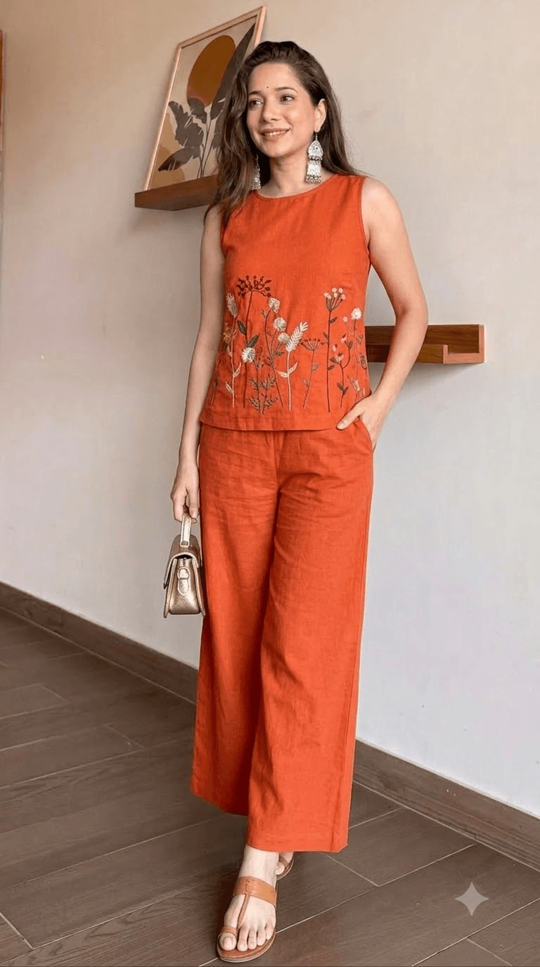 Rust Orange Embroidered Cotton Sleeveless Top with Wide-Leg Trouser Set