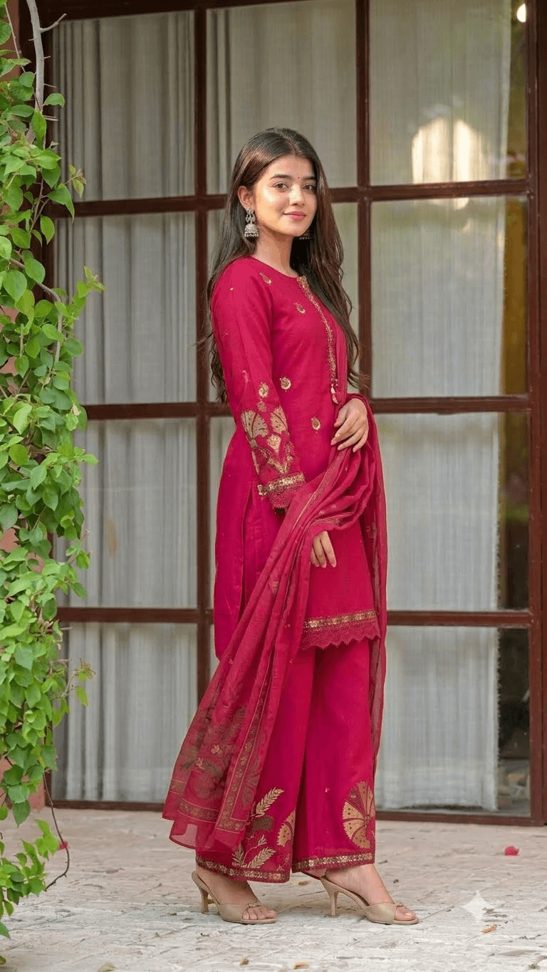 Rani Pink Embroidered Cotton Kurta with Palazzo and Dupatta Set