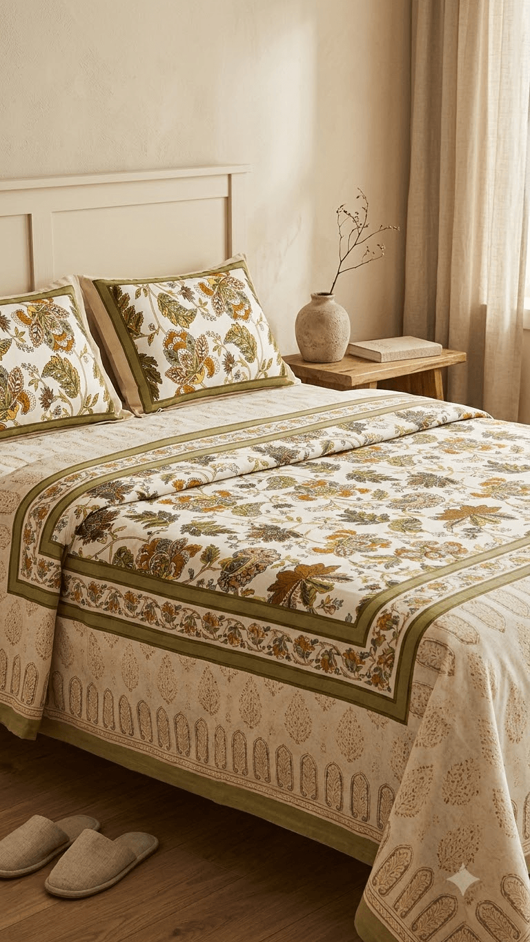 Mustard and Olive Floral Block-Print Style Cotton Double Bedsheet with Pillow Covers