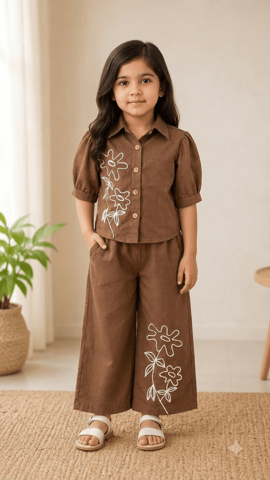 Girls Chestnut Brown Linen Cotton Floral Embroidered Shirt with Wide-Leg Pants Co-Ord Set