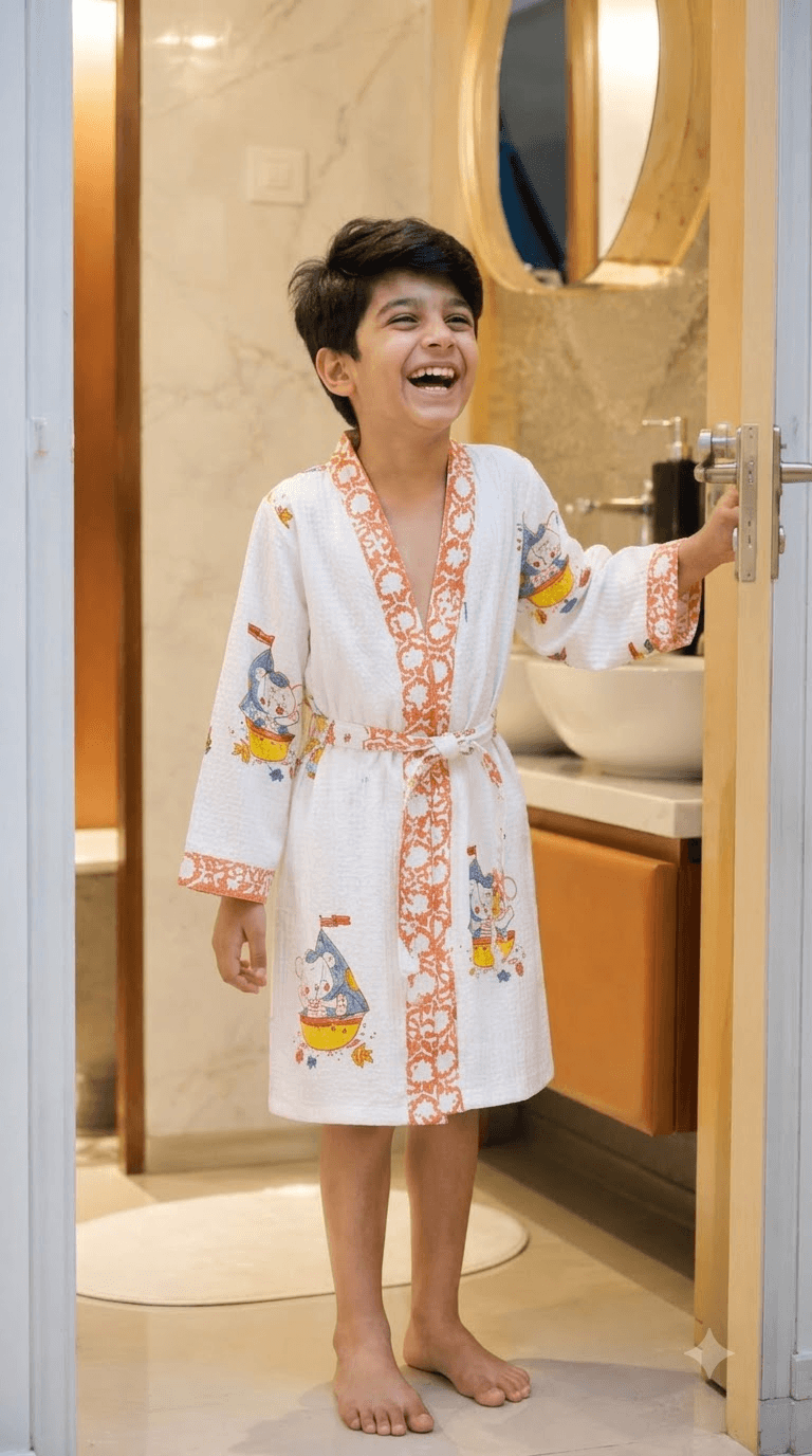 Kids Off-White & Terracotta Sailor Elephant Printed 100% Cotton Waffle Bathrobe