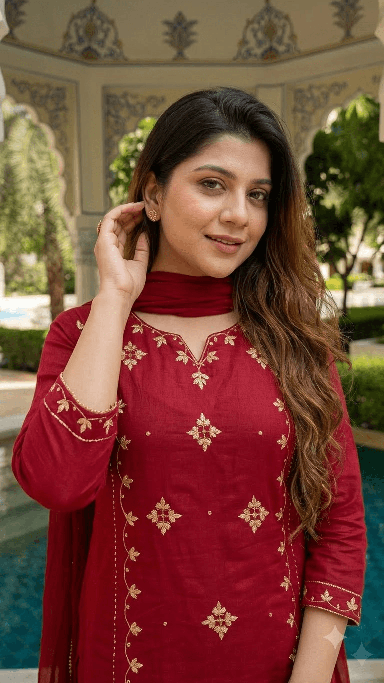 Maroon Embroidered Cotton Kurta with Sharara and Dupatta Set