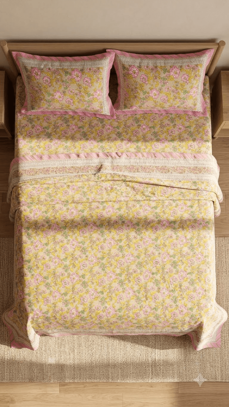 Pink and Yellow Floral Block-Print Style Cotton Double Bedsheet with Pillow Covers