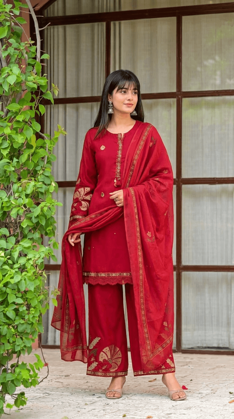 Red Embroidered Cotton Kurta with Palazzo and Dupatta Set