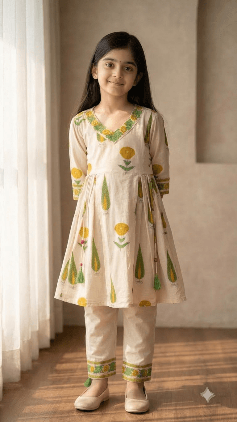 Girls Off-White & Yellow Hand Block Printed Cotton Angrakha Kurta with Pant Set