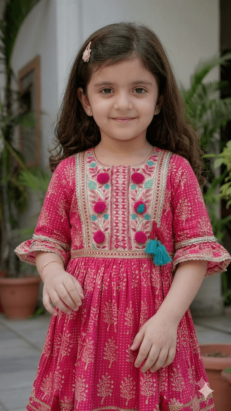 Girls Fuchsia Pink Printed Cotton Kurta with Chevron Tulip Dhoti Pant Set