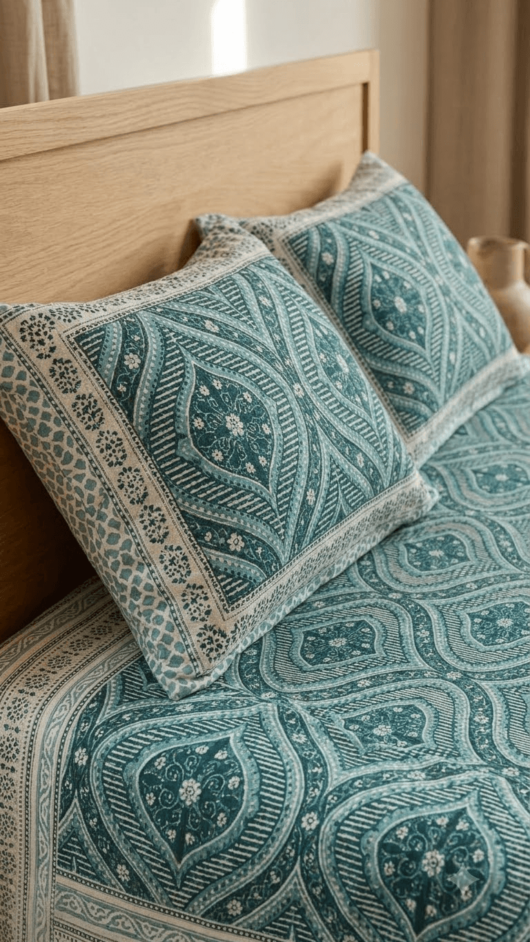 Teal and Sage Green Block-Print Style Cotton Double Bedsheet with Pillow Covers