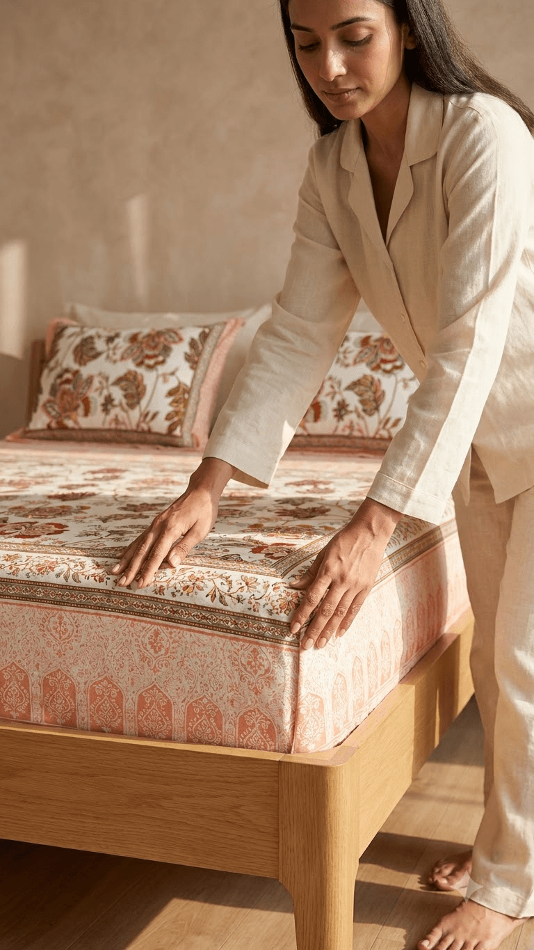 Terracotta and Peach Floral Block-Print Style Cotton Double Bedsheet with Pillow Covers