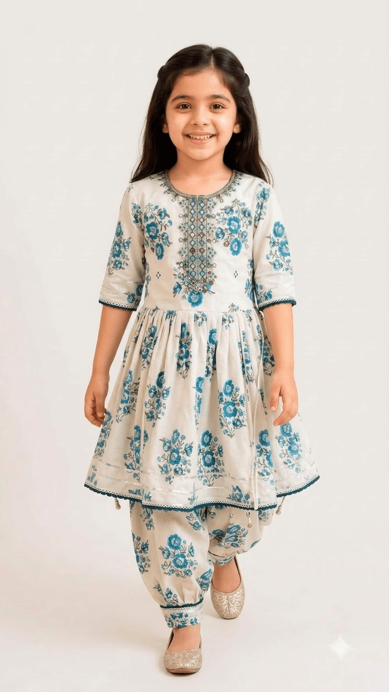 Girls Off-White & Turquoise Blue Floral Printed Cotton Kurta with Dhoti Pant Set
