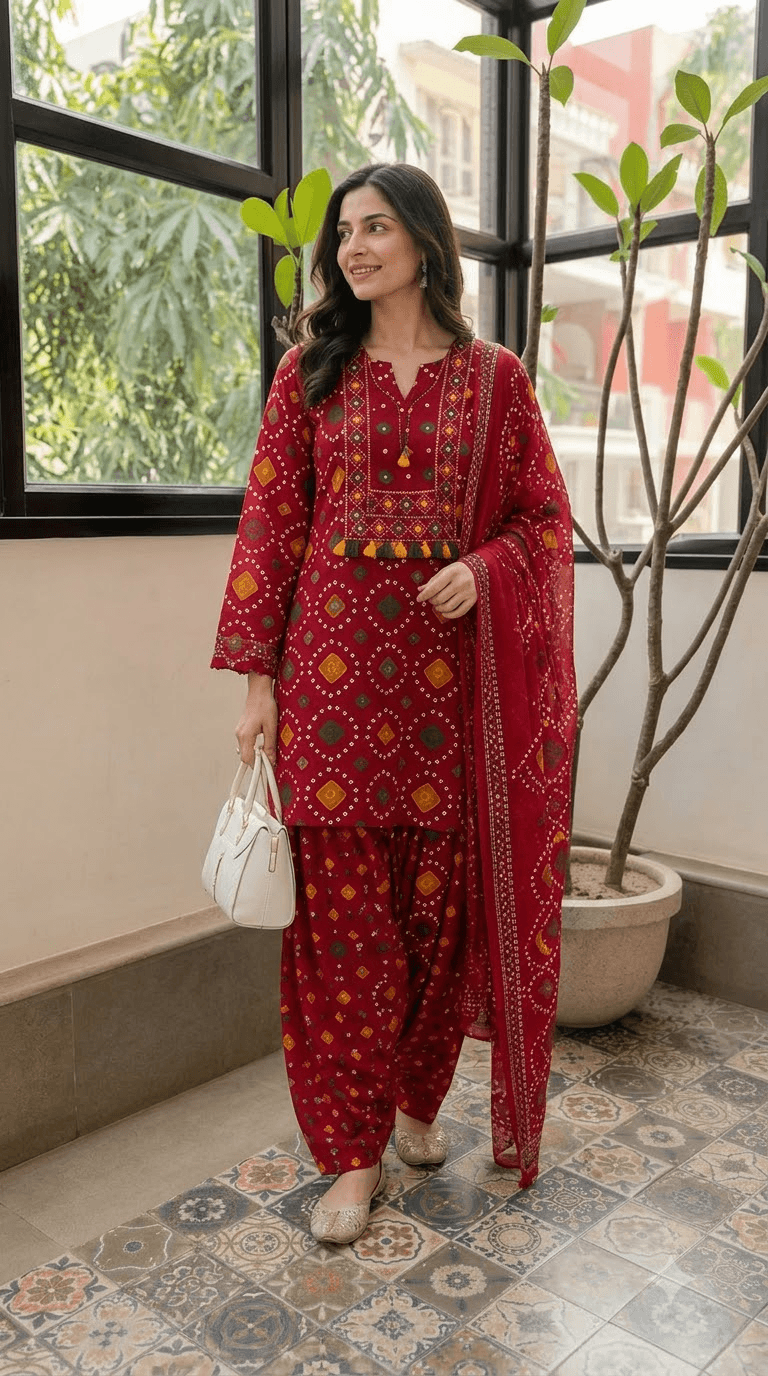 Women Maroon Bandhani Printed Cotton Patiala Suit Set with Dupatta