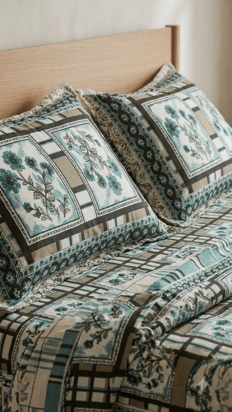 Teal and Beige Geometric Floral Block-Print Style Cotton Double Bedsheet with Lace Pillow Covers