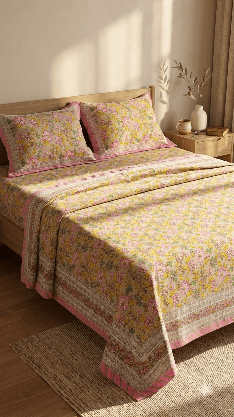 Pink and Yellow Floral Block-Print Style Cotton Double Bedsheet with Pillow Covers