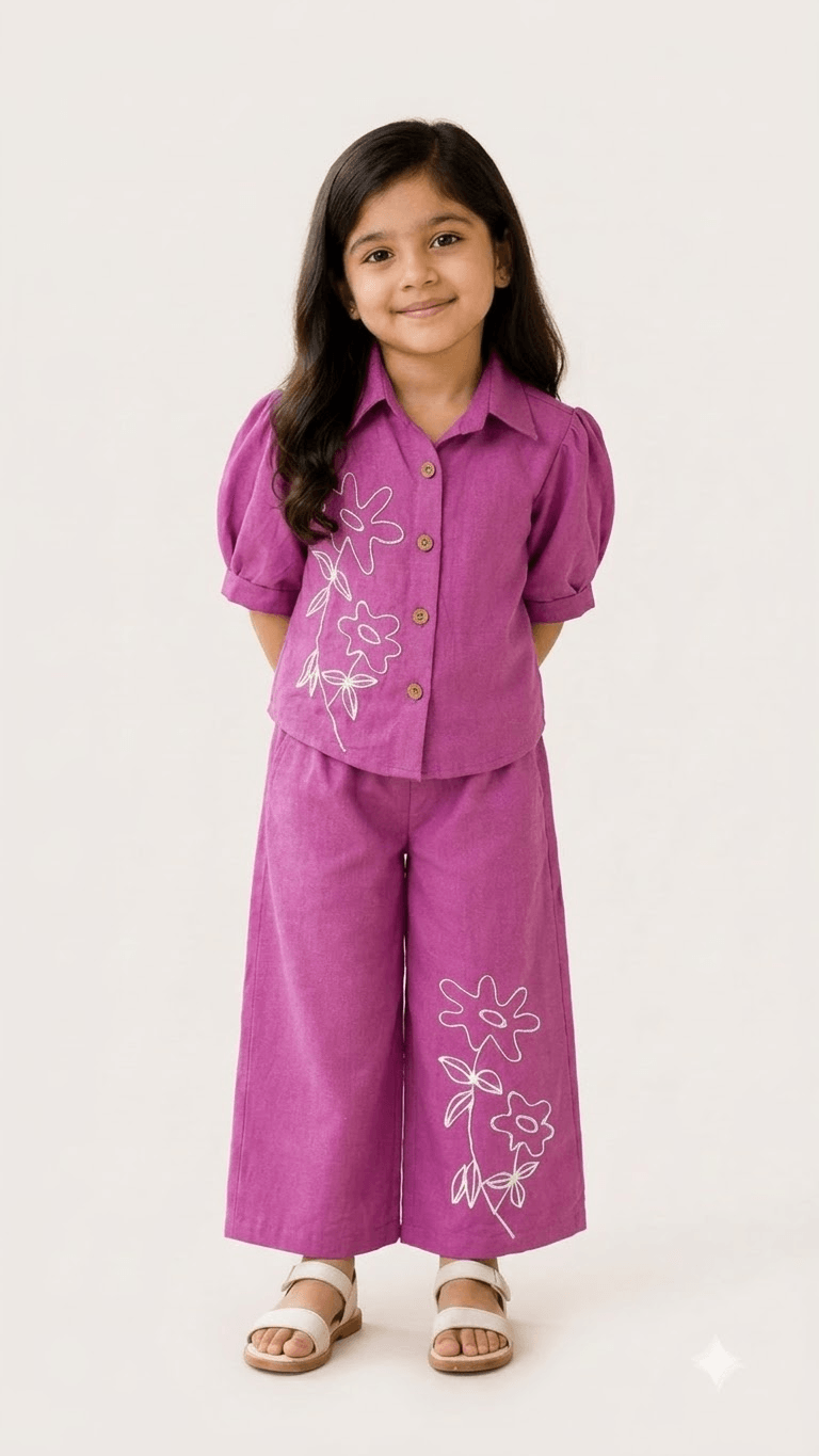 Girls Orchid Purple Linen Cotton Floral Embroidered Shirt with Wide-Leg Pants Co-Ord Set