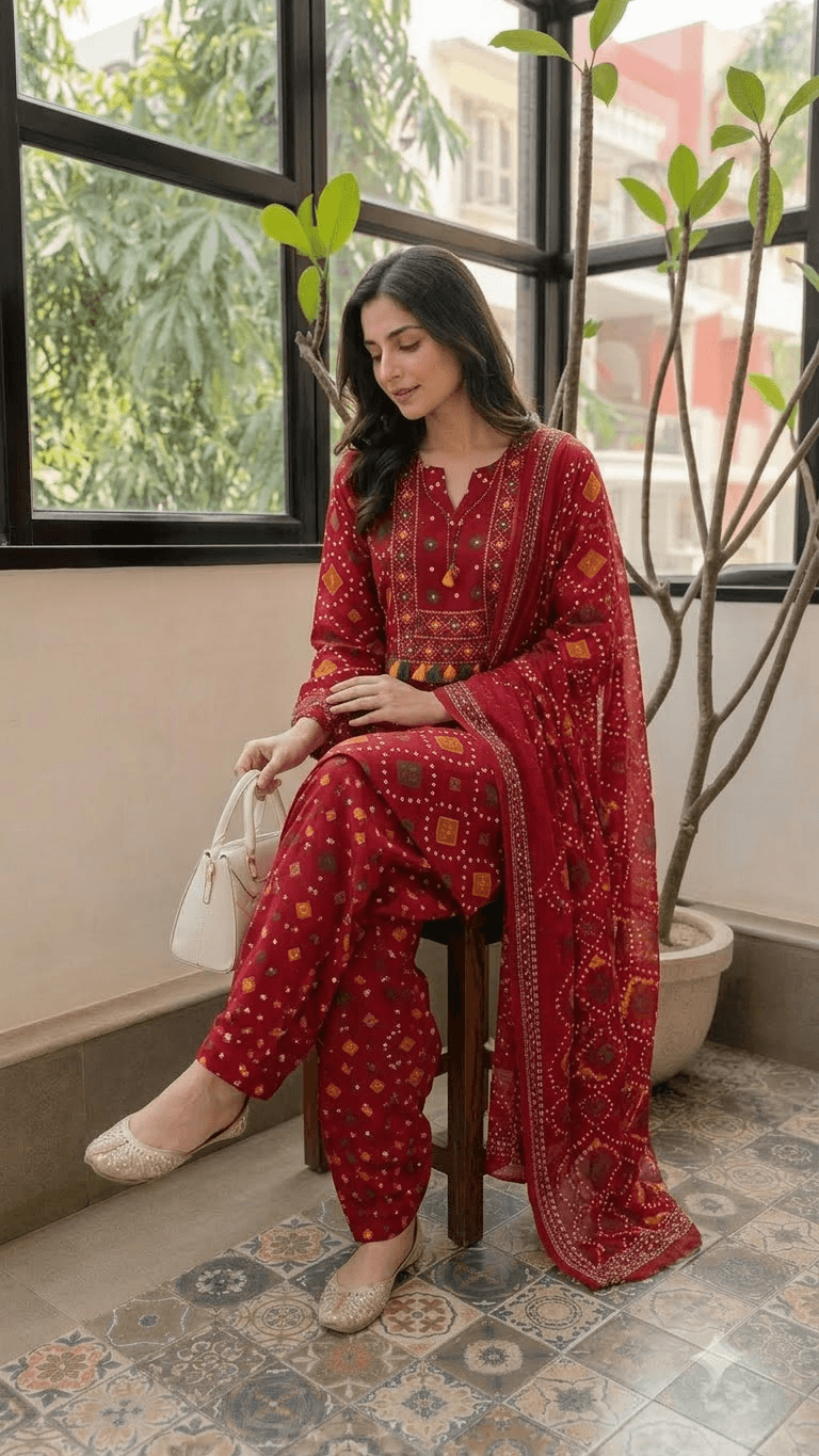 Women Maroon Bandhani Printed Cotton Patiala Suit Set with Dupatta