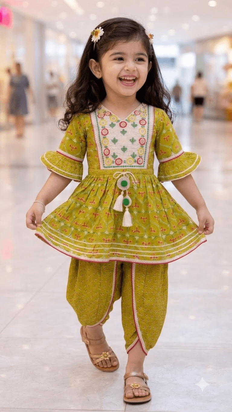 Girls Olive Green Printed Cotton Kurta with Dhoti Pant Set & Embroidered Yoke