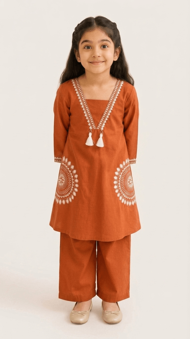 Girls Rust Orange Embroidered Kurta and Palazzo Co-Ord Set | Kids Indo-Western Traditional Cotton Festive Wear Dress