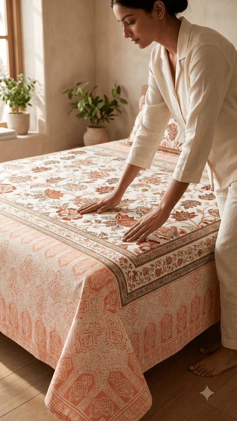 Terracotta and Peach Floral Block-Print Style Cotton Double Bedsheet with Pillow Covers