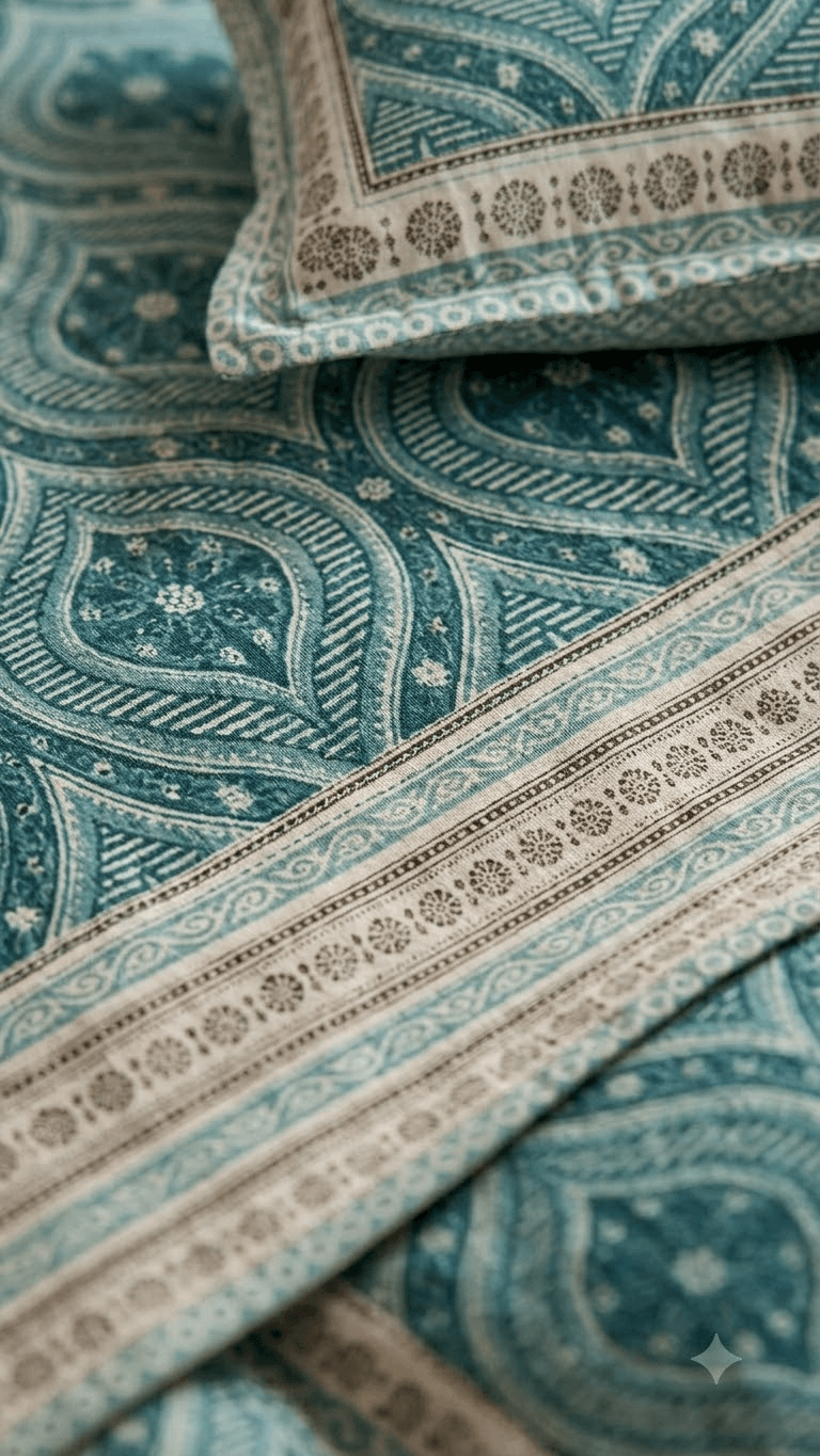 Teal and Sage Green Block-Print Style Cotton Double Bedsheet with Pillow Covers