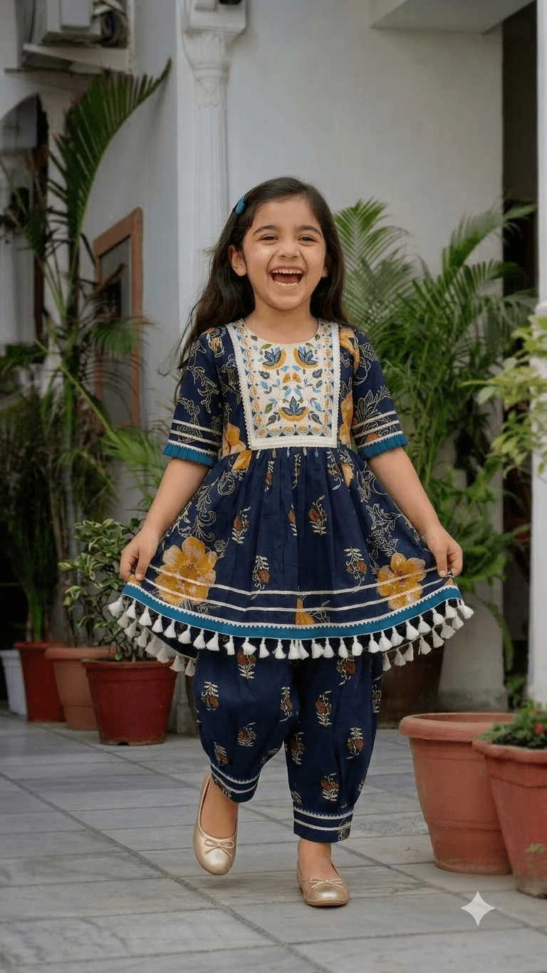 Girls Navy Blue Floral Printed Cotton Kurta with Dhoti Pant Set & Embroidered Yoke